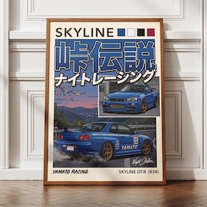 May include: A rectangular poster featuring a blue Nissan Skyline GT-R R34 in two views. The top shows the front of the car, and the bottom shows the rear. Text includes SKYLINE, YAMATO RACING, and Japanese characters. The background depicts a mountain road at dusk with cherry blossoms.