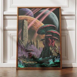 Aliencore Sci-Fi Planet Poster, Alien Landscape Wall Art, Cosmic Fantasy Print, Retro Space Decor, Mushroom Planet Poster