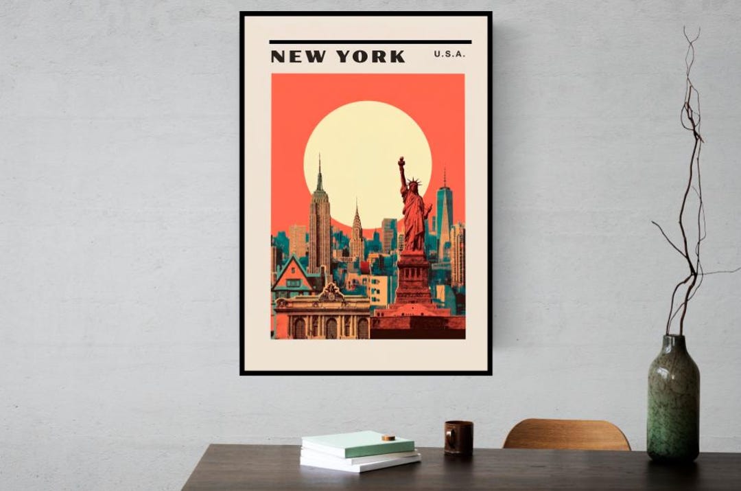 New York Vintage Travel Poster Retro NYC Wall Art, Statue of Liberty ...
