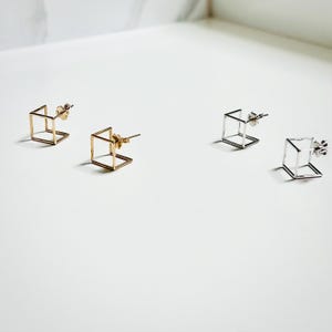14K Gold Open Cube Geometric Stud Earrings | Minimalist Square Earrings | Modern Everyday Jewelry | Yellow & White Cube Studs | Gift for Her