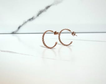 May include: A pair of rose gold hoop earrings featuring a twisted rope texture. The earrings are circular in shape with a thin metal wire post and a small clasp mechanism visible at the top of each hoop, showcasing a metallic finish.