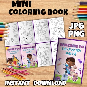 May include: A mini coloring book with the text "MINI COLORING BOOK" at the top. The book features black and white illustrations of cartoon characters and the text "WELCOME TO THIS FUN TOY PARTY!" and "THANK YOU FOR COMING TO MY PARTY!" Also includes colored pencils.