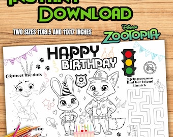 Página para colorir de jogo americano de aniversário de Zootopia, atividade para festa (download digital) Z72