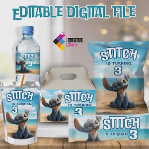 Editable Stitch Party Pack, Stitch Potato Chip Bag, Stitch Bottle Label, Stitch Chocolate Label, Stitch Gable Box,EDITABLE DIGITAL FILE ST03