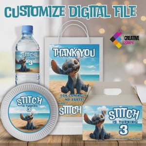 Editable Stitch Party Pack, Stitch thank you gift, Stitch Bottle Label, Stitch plate charger Label, Gable Box, EDITABLE DIGITAL FILE ST03