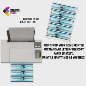 May include: A printer with a sheet of labels featuring a cartoon character on a beach scene. The labels are printed on 8.5x11 inch paper. The text on the labels reads "THANK YOU". The image also includes the text "PRINT FROM YOUR HOME PRINTER ON STANDARD LETTER-SIZE COPY PAPER (8.5x11")".