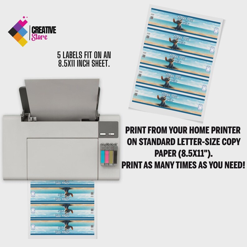 May include: A printer with a sheet of labels featuring a cartoon character on a beach scene. The labels are printed on 8.5x11 inch paper. The text on the labels reads "THANK YOU". The image also includes the text "PRINT FROM YOUR HOME PRINTER ON STANDARD LETTER-SIZE COPY PAPER (8.5x11")".