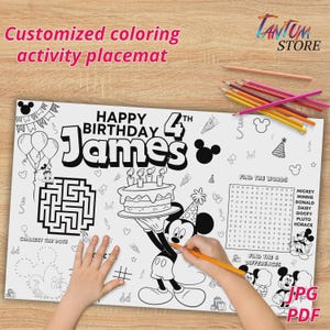 Personalized Birthday Party Mat, MICKEY MOUSE Birthday Party Activity Sheet, Custom Word Search, Custom mickey mouse Birthday Coloring, MK01