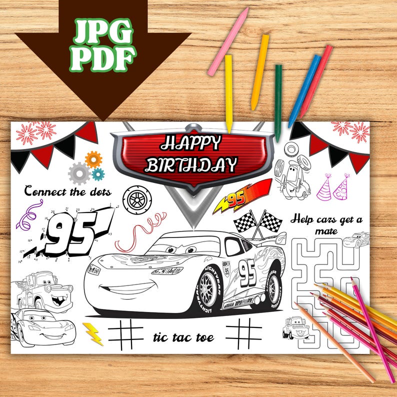 Cars Birthday Coloring Placemat, Lightning Mcqueen Activity Set ...