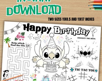 Tapete para colorear de cumpleaños de Stitch, set de actividades (descarga digital) ST03 LS05 ST03