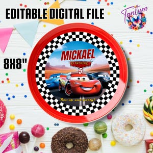May include: A red plate with a black and white checkered border. The plate features a Cars-themed design with the name "Mickael" and the number "5". The plate measures 8x8 inches.