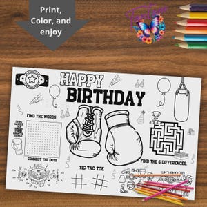 Boxing coloring page, Boxing birthday placemat , activity set , Boxing party , coloring activity , kids&#39; party activity,INSTANT DOWNLOAD B20