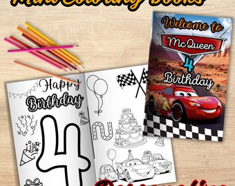 May include: Mini coloring books with the text "Mini Coloring Books" at the top. The open book shows a "Happy Birthday" design with a large number 4. The cover of the other book says "Welcome to McQueen 4 Birthday". Colored pencils are on the left.