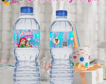 Ariel Little Mermaid Water Bottle Label, Editable Party Favor (Digital File) S10