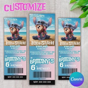 Faire-part de billet de couture, invitation d'anniversaire Lilo & stitch, invitation de billets imprimables numérique Lilo et stitch, billet imprimable, LS05