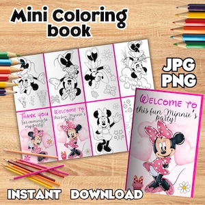 Peut inclure: Un mini cahier de coloriage avec des illustrations de Minnie Mouse. La couverture indique "Bienvenue à cette fête amusante de Minnie !" et "Téléchargement instantané". Comprend un ensemble de crayons de couleur. Pour les fêtes d'enfants.