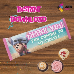 May include: A party favor wrapper with the text "THANK YOU FOR COMING TO MY PARTY!" features a cartoon character. The words "INSTANT DOWNLOAD" are at the top. Three cupcakes are at the bottom.