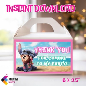 K&ouml;nnte beinhalten: Wei&szlig;e Party-Geschenkbox mit rosa Rand, die eine Cartoon-Figur am Strand zeigt. Auf der Box steht "THANK YOU FOR COMING TO MY PARTY!" und "INSTANT DOWNLOAD". Die Box misst 15,2 x 8,9 cm.