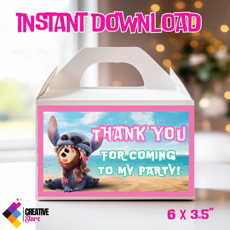 K&ouml;nnte beinhalten: Wei&szlig;e Party-Geschenkbox mit rosa Rand, die eine Cartoon-Figur am Strand zeigt. Auf der Box steht "THANK YOU FOR COMING TO MY PARTY!" und "INSTANT DOWNLOAD". Die Box misst 15,2 x 8,9 cm.
