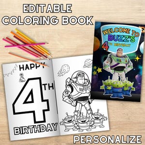 May include: An open coloring book with the text "HAPPY 4TH BIRTHDAY" and a Buzz Lightyear illustration. The cover features Buzz Lightyear and the text "WELCOME TO BUZZ'S 4TH BIRTHDAY". Colored pencils are on the wooden surface. The text "EDITABLE COLORING BOOK" is at the top.