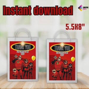 Etiquetas para bolsas de regalo de Los Increíbles, bolsas de golosinas de Los Increíbles, bolsas de refrigerio de Los Increíbles, bolsas de recuerdos para fiestas temáticas (DESCARGA INSTANTÁNEA I18)