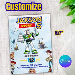 May include: A 5x7 inch invitation featuring Buzz Lightyear from Toy Story. The invitation includes the text "Jaxson Story 5" and "Join us to celebrate!" with event details. The design is set against a light blue background.