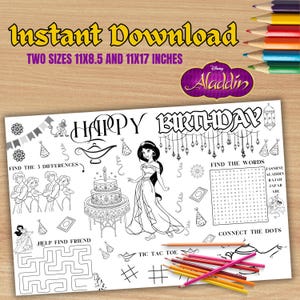 May include: Black and white printable activity sheet featuring the text "Happy Birthday" and Disney's Aladdin characters. Includes mazes, word searches, and connect-the-dots. Two sizes: 11x8.5 and 11x17 inches. Colored pencils are included.