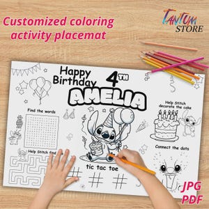 Personalized Birthday Party Mat, STITCH Birthday Party Activity Sheet, Custom Word Search, Custom Stitch Birthday Coloring, ST03