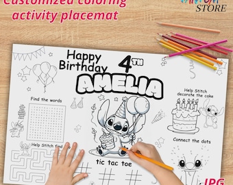 Tapete de actividades personalizado de Stitch para cumpleaños, página para colorear personalizada (descarga digital) ST03 ST03