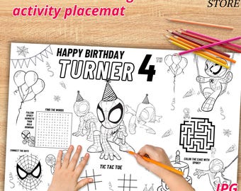 Spidey Birthday Placemat, Personalized Coloring Activity (Digital Download)