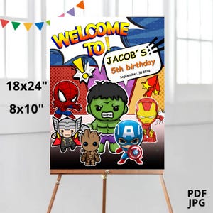 May include: A colorful poster featuring cartoon superheroes, including Spider-Man, Hulk, and Iron Man. The poster is labeled "WELCOME TO!" and "JACOB'S 5th birthday, September, 30 2024." The poster is 18x24 inches and 8x10 inches.