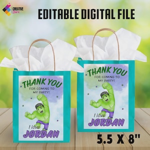 May include: Two teal gift bags with brown handles, each featuring a graphic of the Hulk and the text "Thank You for coming to my party!" and "I love Jordan." The bags are 5.5 x 8 inches.