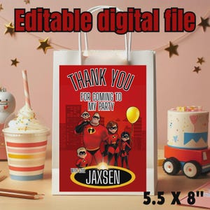 Etiquetas editables para bolsas de regalo de Los Increíbles, bolsas de golosinas de Los Increíbles, bolsas de refrigerio de Los Increíbles, bolsas de recuerdos para fiestas temáticas, archivo digital I18