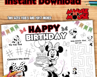 Minnie Mouse verjaardagskleurplaatplacemat, activiteitenset (digitale download) M09