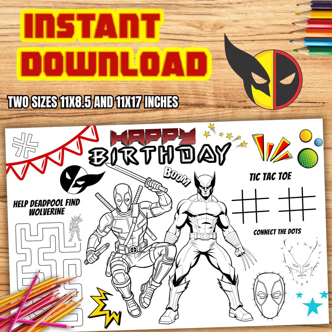 Deadpool Birthday Coloring Placemat, Superheros Activity Set (digital ...
