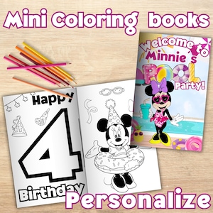 May include: Mini coloring books with the text "Mini coloring books" and "Personalize". The books feature Minnie Mouse and the text "Welcome to Minnie's Pool Party!" and "Happy 4th Birthday". Colored pencils are also visible.