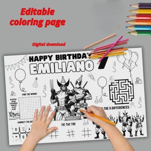 Op de afbeelding: Een zwart-wit kleurplaat met de tekst "Bewerkbare kleurplaat" en "Digitale download". De pagina bevat de woorden "Happy Birthday Emiliano", illustraties van Wolverine en Deadpool en diverse activiteiten zoals een doolhof.