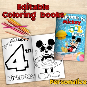 May include: Open coloring book with a black and white illustration of Mickey Mouse wearing sunglasses and an inner tube. The book is open to a page that says "Happy 4th Birthday". A second book cover says "Welcome to Mickey Pool Party!"