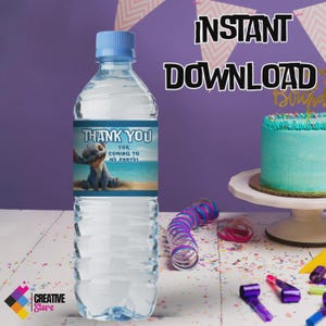 May include: A clear plastic water bottle with a blue cap and a label featuring a cartoon character and the text "THANK YOU FOR COMING TO MY PARTY!". The background includes a beach scene. The words "INSTANT DOWNLOAD" are visible.
