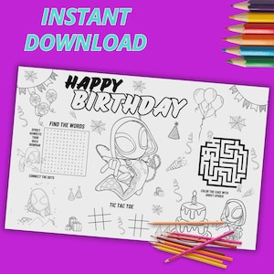 Ghost-spider Birthday Placemat, Ghost-spider Party, Coloring Activity Mat, Kids Party Activity | Coloring Page, INSTANT DOWNLOAD G38