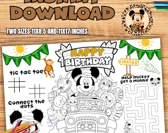 May include: A black and white printable birthday activity sheet featuring Mickey Mouse in a safari jeep with various animals. Includes tic-tac-toe, connect-the-dots, and a maze. The sheet is available in two sizes: 11x8.5 and 11x17 inches.