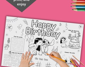 Lilo and Stitch Birthday Placemat, Coloring Activity (INSTANT DOWNLOAD) LS05 LS05