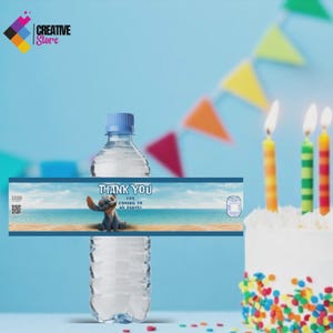 May include: A clear plastic water bottle with a blue cap and a custom label featuring the character Stitch from Lilo & Stitch. The label reads "THANK YOU FOR COMING TO MY PARTY!" and depicts a beach scene. A birthday cake with lit candles is in the background.