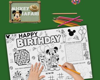 May include: A white Happy Birthday coloring placemat featuring Mickey Mouse and Pluto in safari outfits. Includes a maze, word search, tic-tac-toe, and connect-the-dots activities. Colored pencils are also visible.