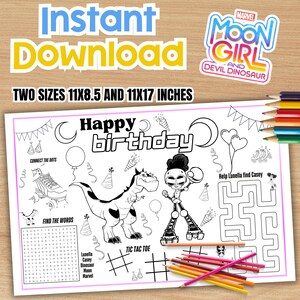 May include: A black and white coloring page with the text "Happy Birthday" and various activities, including connect-the-dots, a maze, and tic-tac-toe. The page features illustrations of a dinosaur, a character on roller skates, and other birthday-themed elements. The page is 11 x 8.5 and 11 x 17 inches.