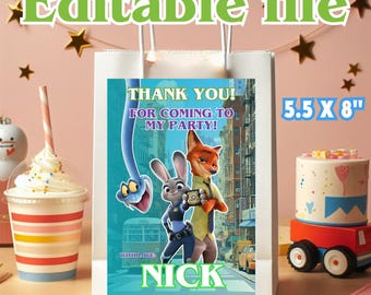 Etiquetas editables para bolsas de regalo de Zootopia 2, bolsas de obsequio para fiestas temáticas de Zootopia, Zootrópolis (archivo digital) Z72
