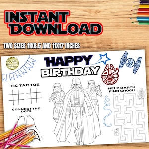 May include: A black and white Star Wars-themed birthday coloring page with the text "INSTANT DOWNLOAD" and "TWO SIZES 11x8.5 AND 11x17 INCHES". The page includes Darth Vader, Stormtroopers, and other Star Wars graphics, plus tic-tac-toe and a maze.
