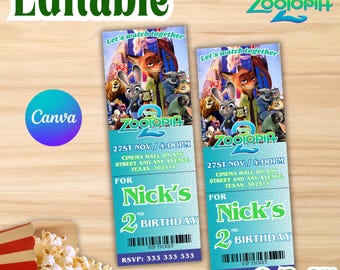 Zootopia 2 Birthday Ticket Einladung, druckbare, EDITIERBARE DIGITALE DATEI (Canva) Z72