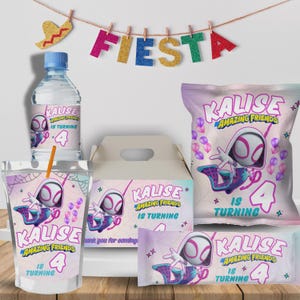 Editable ghost spider girl Party Pack, Ghost spider Potato Chip Bag, Bottle Label, Chocolate Label, Gable Box,EDITABLE DIGITAL FILE S38