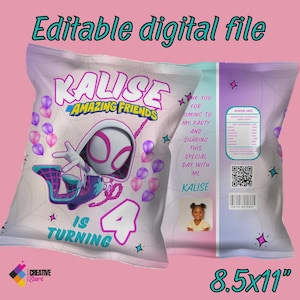 Editable ghost spider girl Chip Bags for party favors, party bags, Spider girl birthday, Spider girl chip bags, DIGITAL DOWNLOAD G38